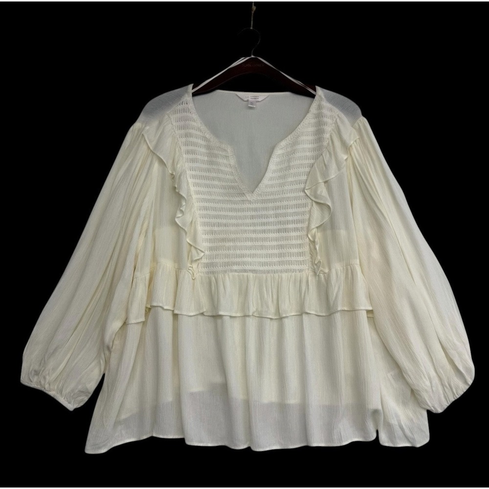 LC Lauren Conrad Ivory Smocked Ruffle Peasant Blouse XL Cream Long Sleeve #189